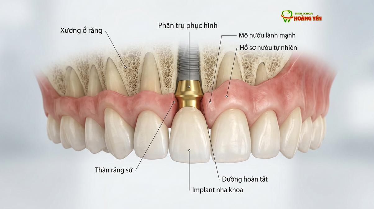 Custom abutment giúp nâng đỡ mô nướu và tạo hình viền nướu tự nhiên.