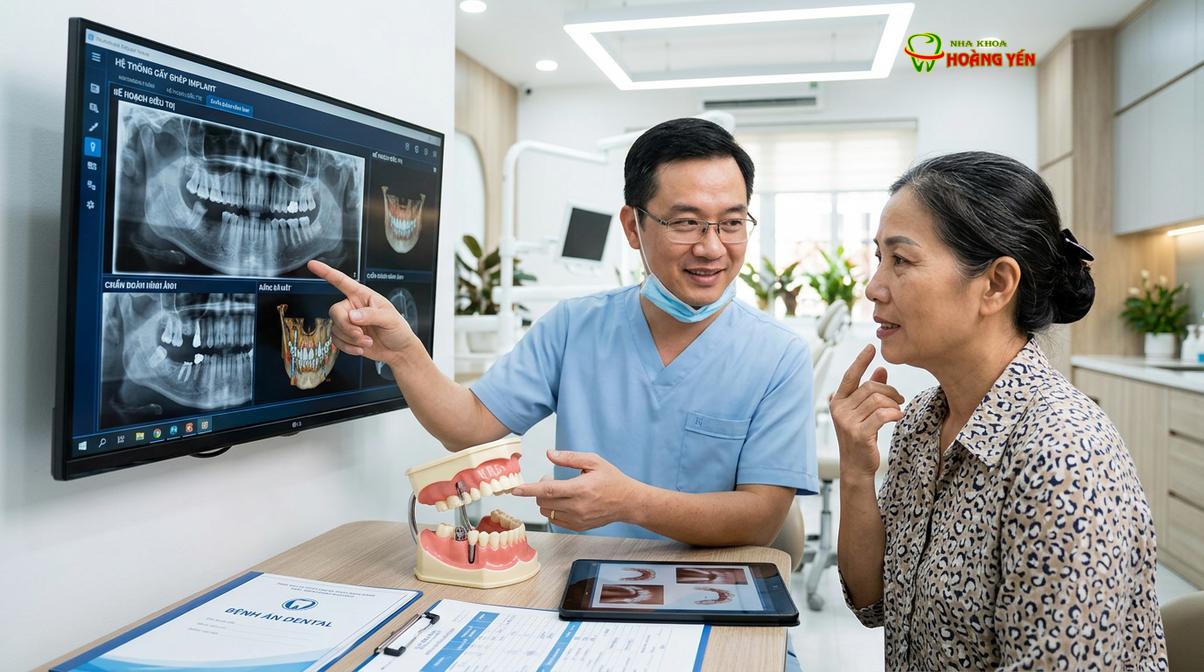 Bác sĩ thăm khám và đánh giá tình trạng mất răng để xác định chỉ định cấy ghép phù hợp.