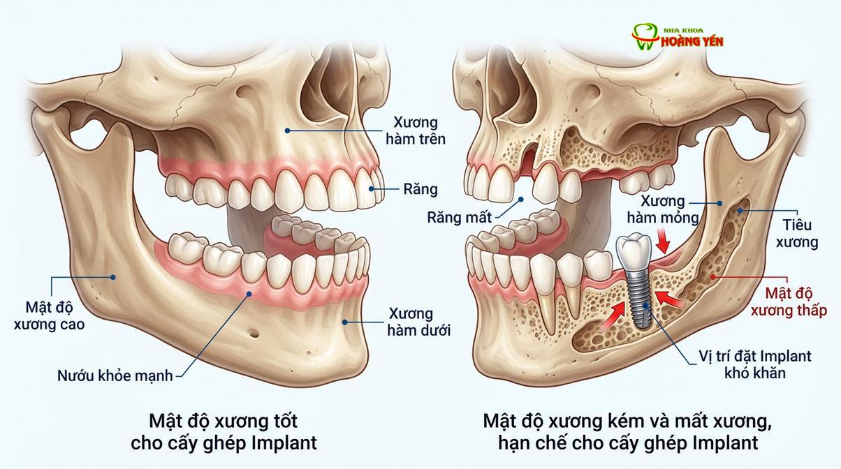 Mật độ xương hàm đóng vai trò quan trọng trong sự thành công của ca cấy ghép.