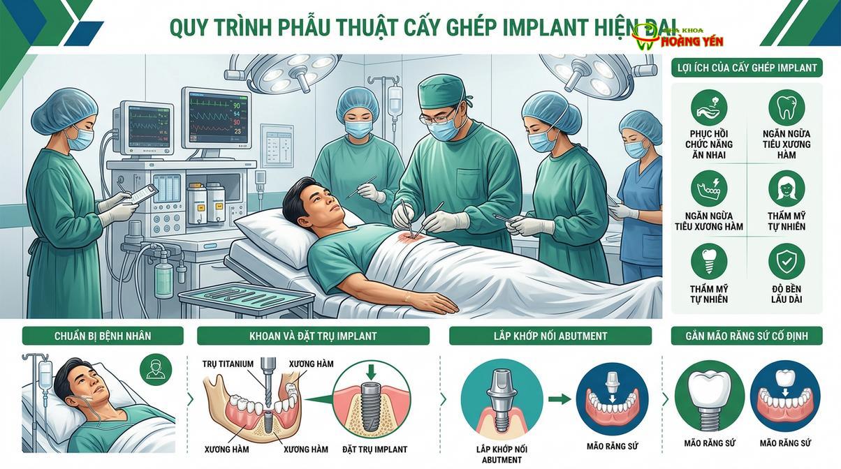 Quy trình phẫu thuật cấy ghép implant đòi hỏi sự hỗ trợ của trang thiết bị hiện đại và môi trường vô trùng.