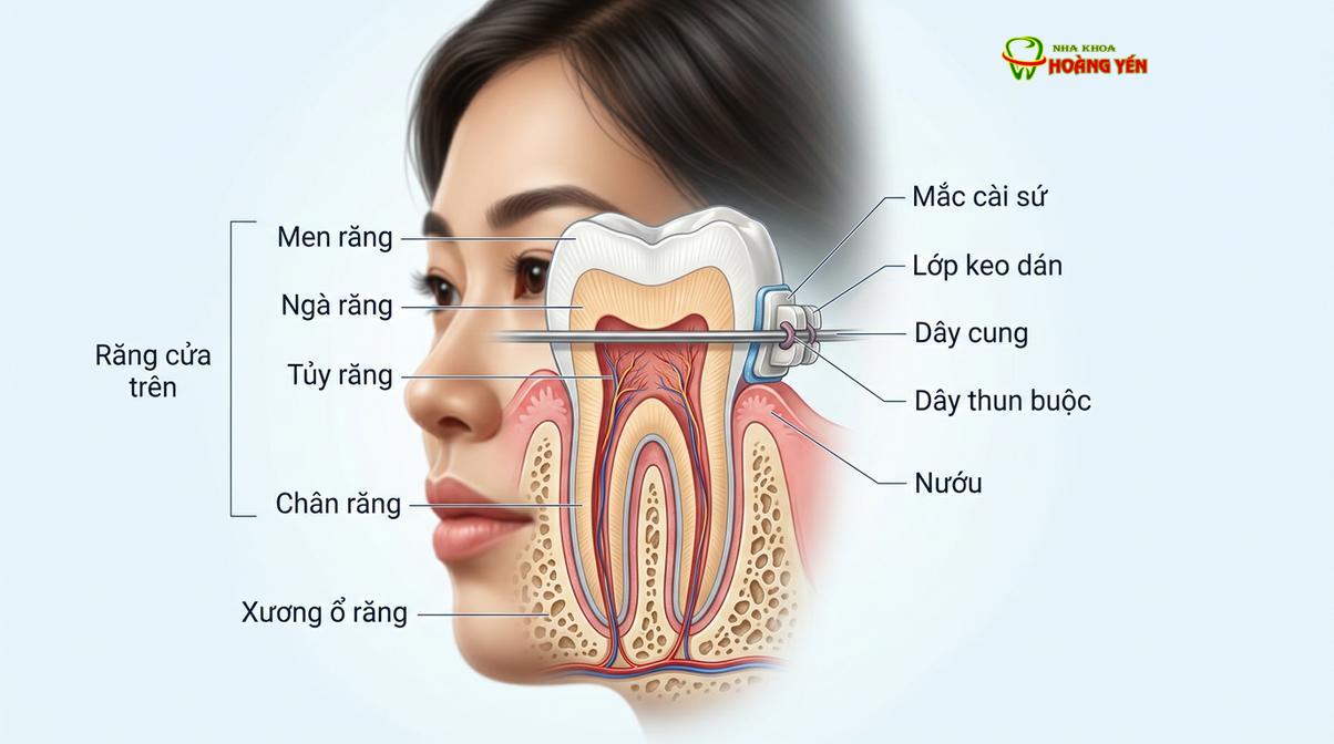 Cấu trúc liên kết giữa bề mặt men răng, lớp keo dán sinh học và đế mắc cài.