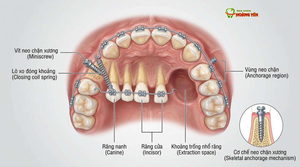 Sử dụng Minivis làm neo chặn tuyệt đối trong giai đoạn đóng khoảng.