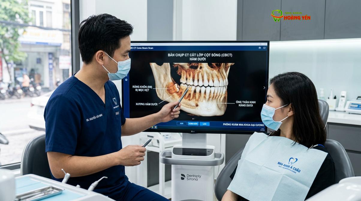Bác sĩ khảo sát phim CT Cone Beam 3D để đánh giá răng khôn trước khi lên phác đồ chỉnh nha.