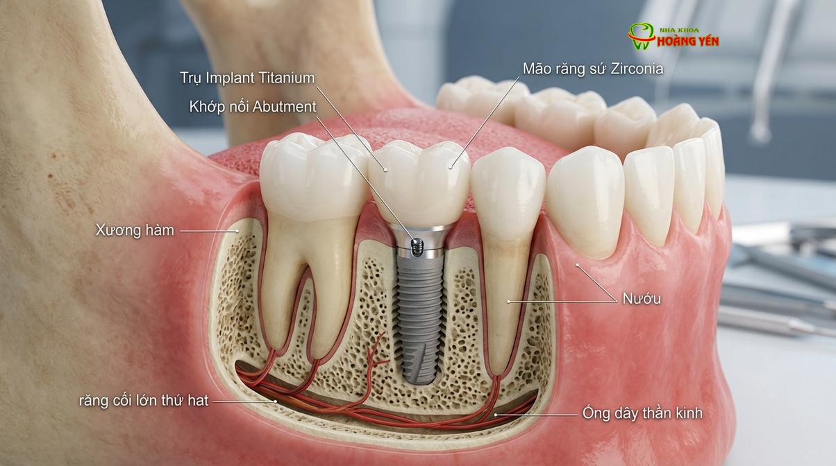 Cấu trúc chi tiết của răng implant với mão sứ gia công bằng công nghệ CAD/CAM.