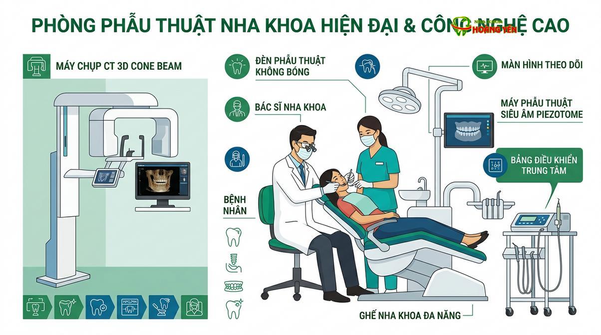 Hệ thống trang thiết bị hiện đại hỗ trợ quá trình phẫu thuật implant diễn ra an toàn và chính xác.