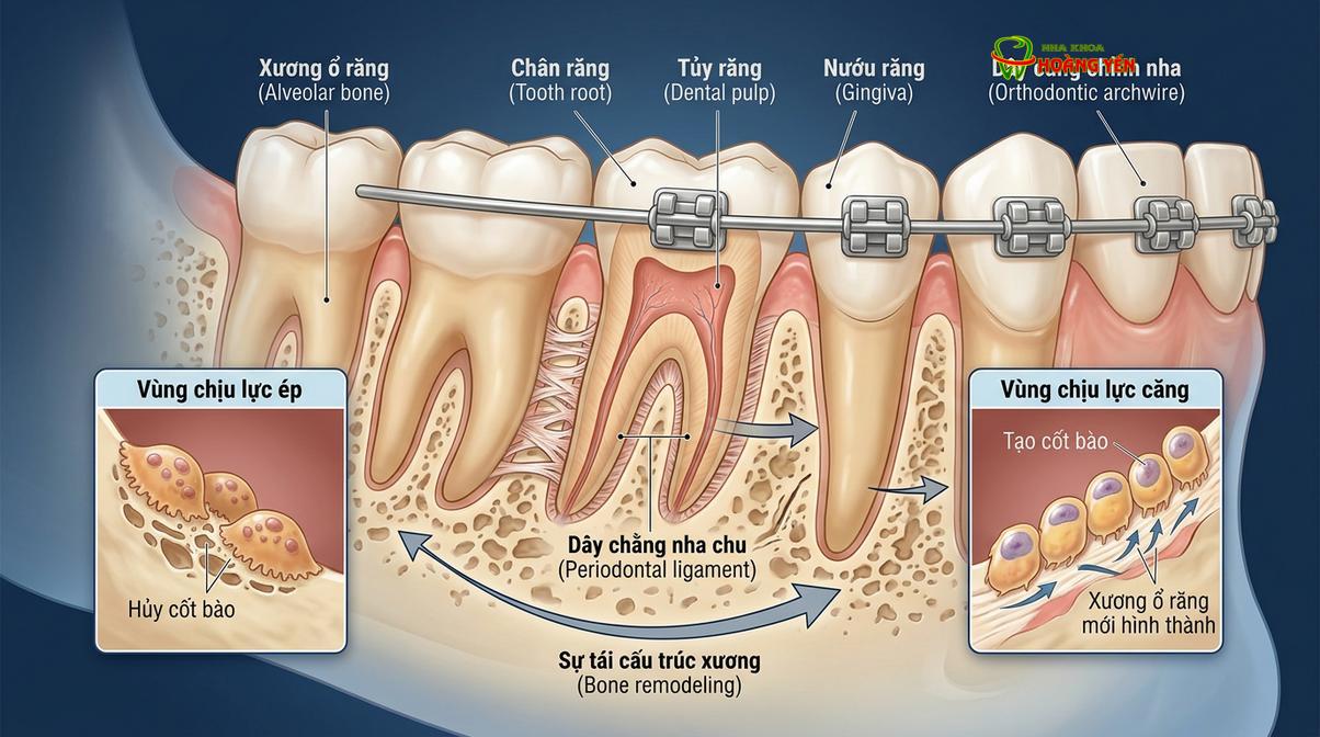 Mô phỏng quá trình tái cấu trúc xương ổ răng và dây chằng nha chu sau khi răng dịch chuyển.
