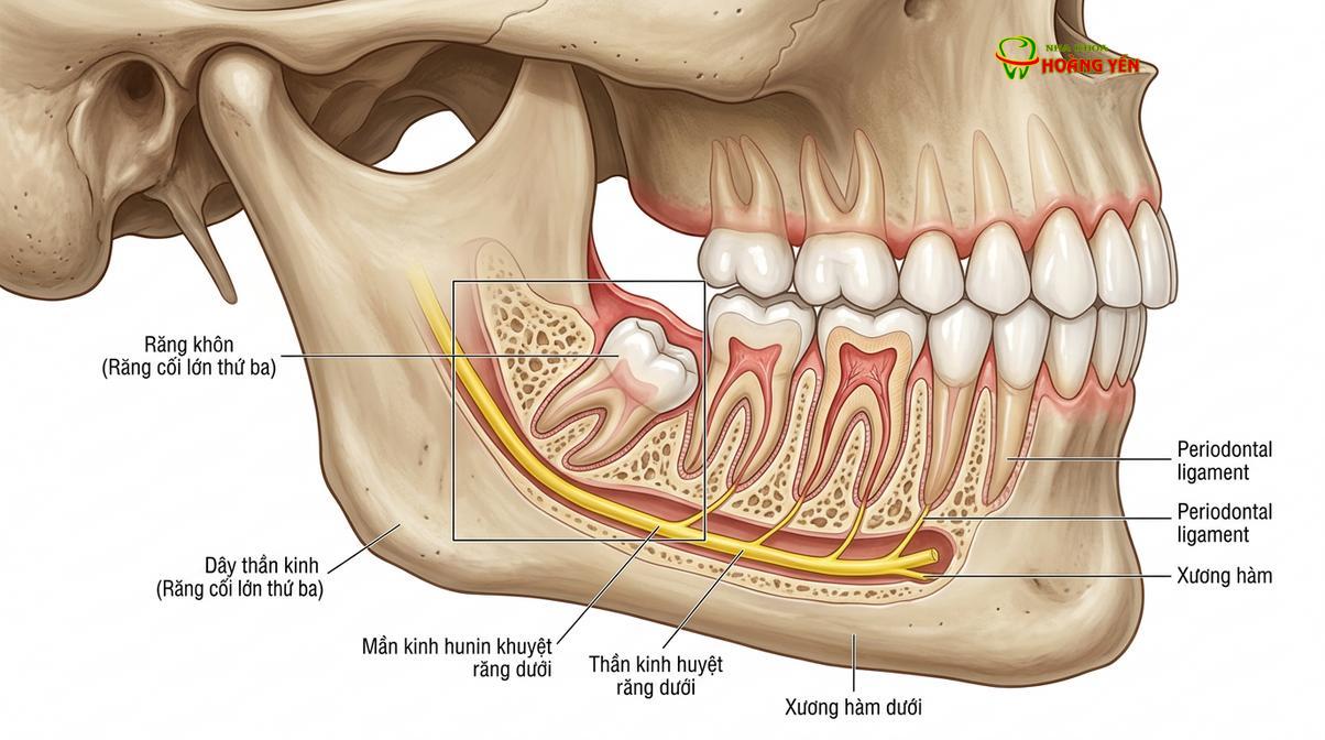 Hình ảnh minh họa răng khôn mọc ngầm sát dây thần kinh, đòi hỏi kỹ thuật nhổ phức tạp và thiết bị hiện đại.