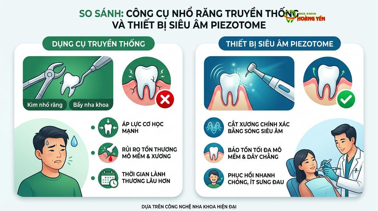 Sự khác biệt giữa nhổ răng bằng dụng cụ truyền thống và công nghệ sóng siêu âm Piezotome.