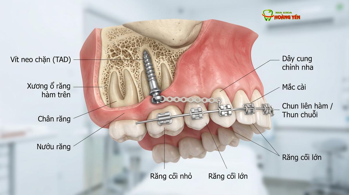 Cắm vít chỉnh nha (mini-screw) là một thủ thuật hỗ trợ phổ biến giúp tăng cường hiệu quả kéo răng.