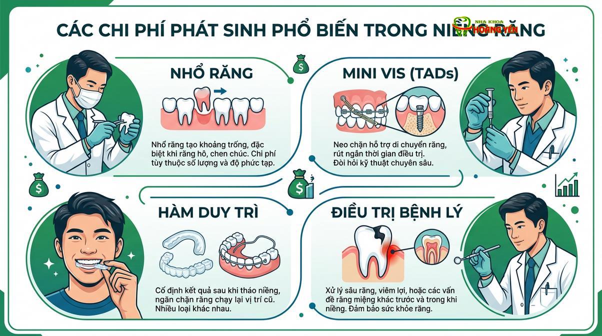 Tổng hợp các nhóm thủ thuật lâm sàng có thể phát sinh chi phí ngoài gói mắc cài cơ bản.