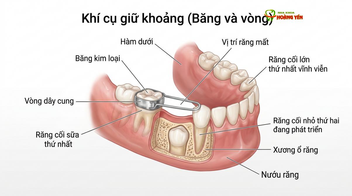 Hàm duy trì khoảng giúp giữ không gian cho răng vĩnh viễn mọc lên đúng vị trí.