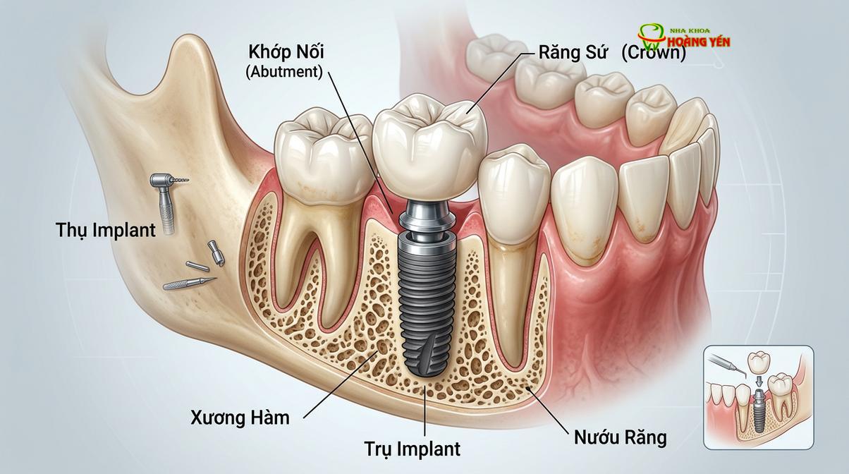 Cấu tạo cơ bản của một chiếc răng implant hoàn chỉnh bao gồm trụ, khớp nối và mão sứ.