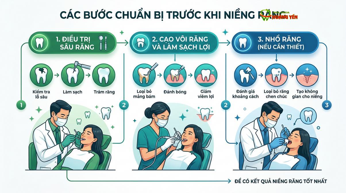 Sơ đồ minh họa các bước chuẩn bị răng miệng tiêu chuẩn trước khi gắn mắc cài.