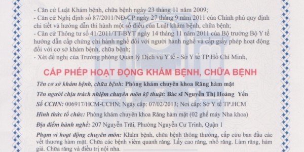 Chứng chỉ hành nghề khám chữa bệnh Răng Hàm Mặt – BS. Hoàng Yến