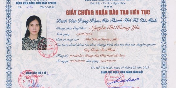 Chứng nhận đào tạo liên tục chuyên khoa Răng Hàm Mặt