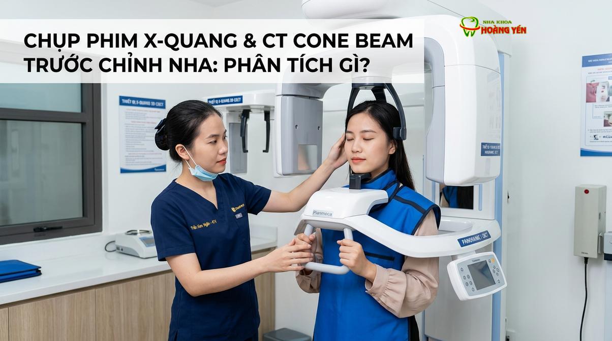 Bệnh nhân được hướng dẫn tư thế chuẩn khi chụp phim toàn cảnh tại phòng khám.