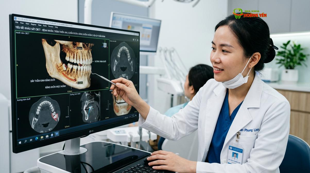 Bác sĩ đánh giá vị trí răng khôn mọc ngầm trên phần mềm 3D trước khi lên phác đồ chỉnh nha.