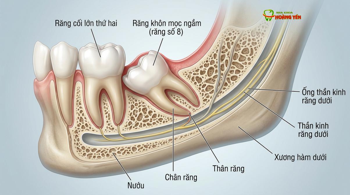 Mô phỏng giải phẫu cho thấy chân răng khôn mọc ngầm có thể nằm chèn ép lên ống thần kinh hàm dưới.