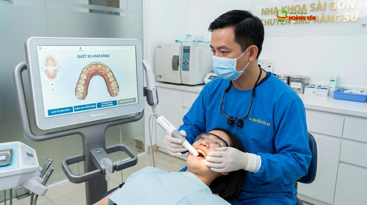 Bác sĩ sử dụng máy quét dấu hàm kỹ thuật số 3D để thiết kế nụ cười (Digital Smile Design) trước khi dán sứ.