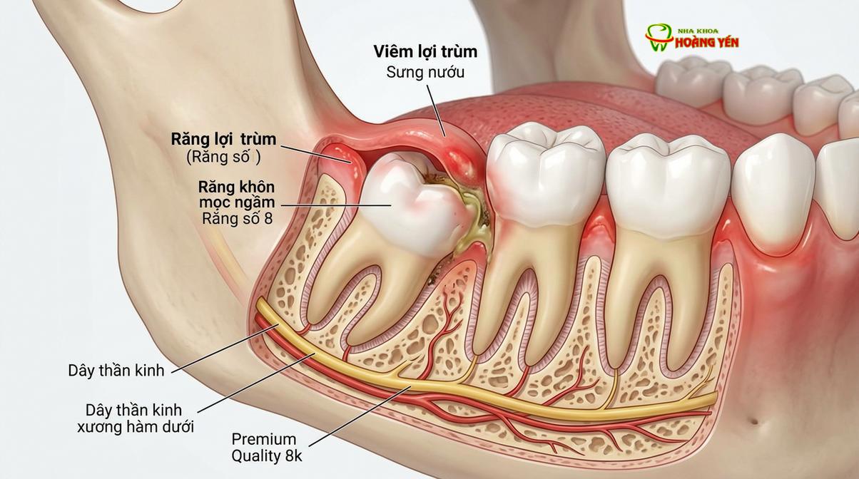 Mô phỏng tình trạng lợi trùm răng khôn gây sưng viêm, tạo điều kiện cho vi khuẩn tích tụ.