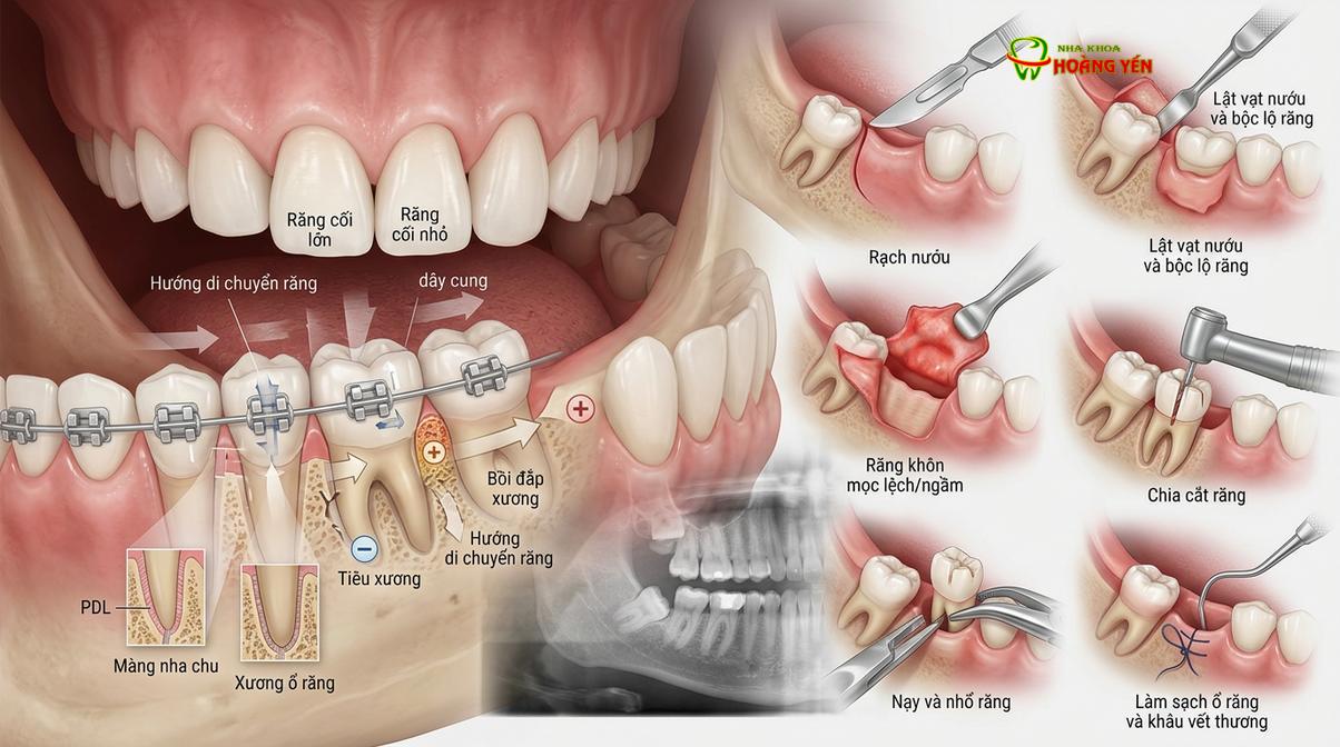Mô phỏng cơ chế dịch chuyển của chân răng và vai trò của việc tạo khoảng trống trên cung hàm.