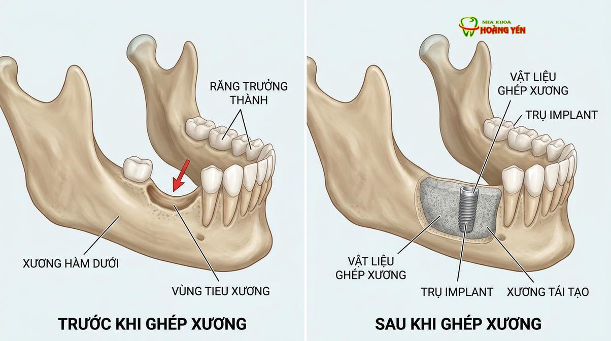 Sự thay đổi mật độ xương hàm sau khi được ghép vật liệu sinh học.