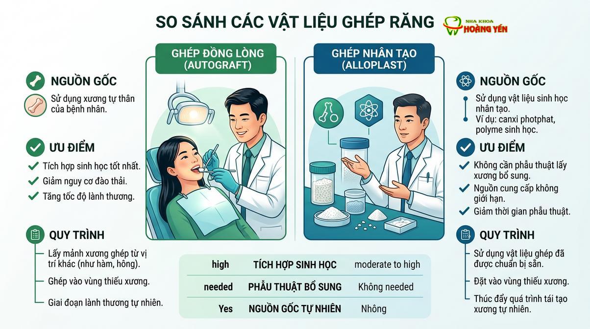 Các loại vật liệu ghép xương phổ biến được sử dụng trong nha khoa hiện đại.
