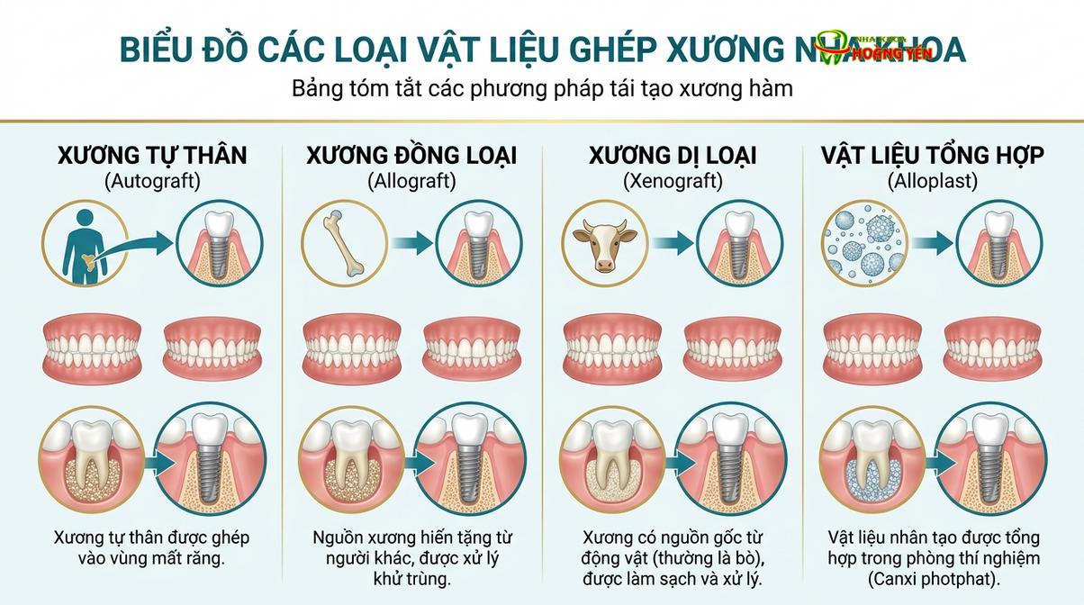 Phân loại các vật liệu ghép xương phổ biến trong nha khoa lâm sàng.