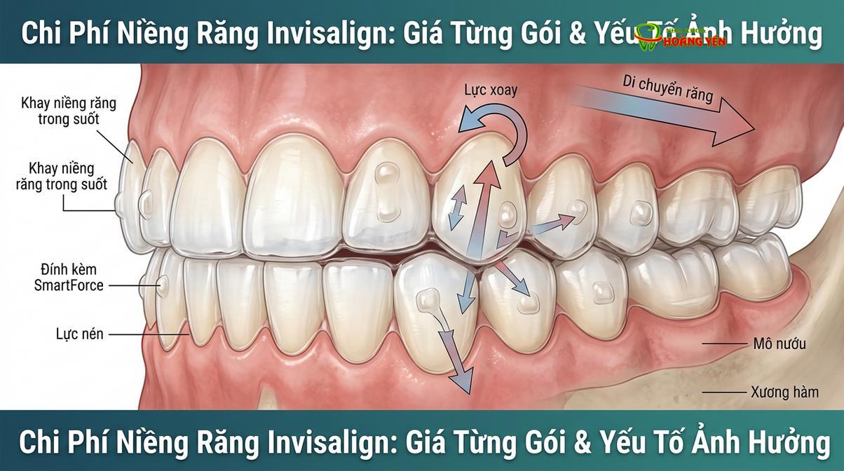 Khay niềng trong suốt tác dụng lực sinh học lên răng thông qua các điểm neo chặn (attachments).