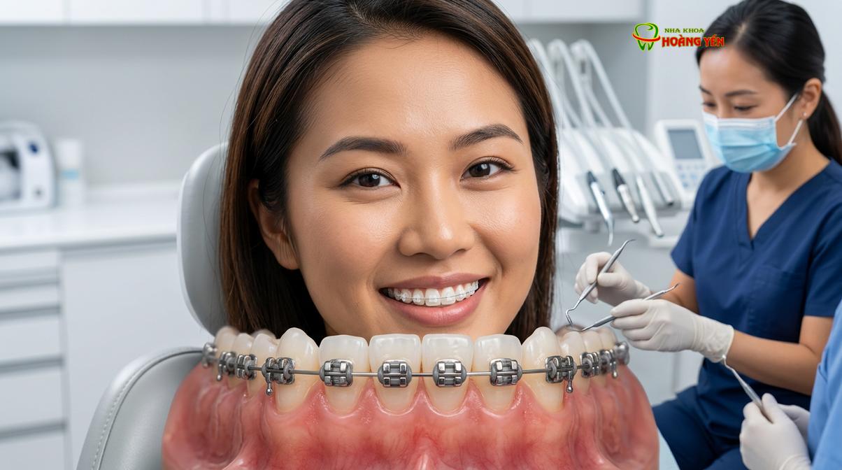 Sự khác biệt về thẩm mỹ giữa mắc cài sứ và mắc cài kim loại.