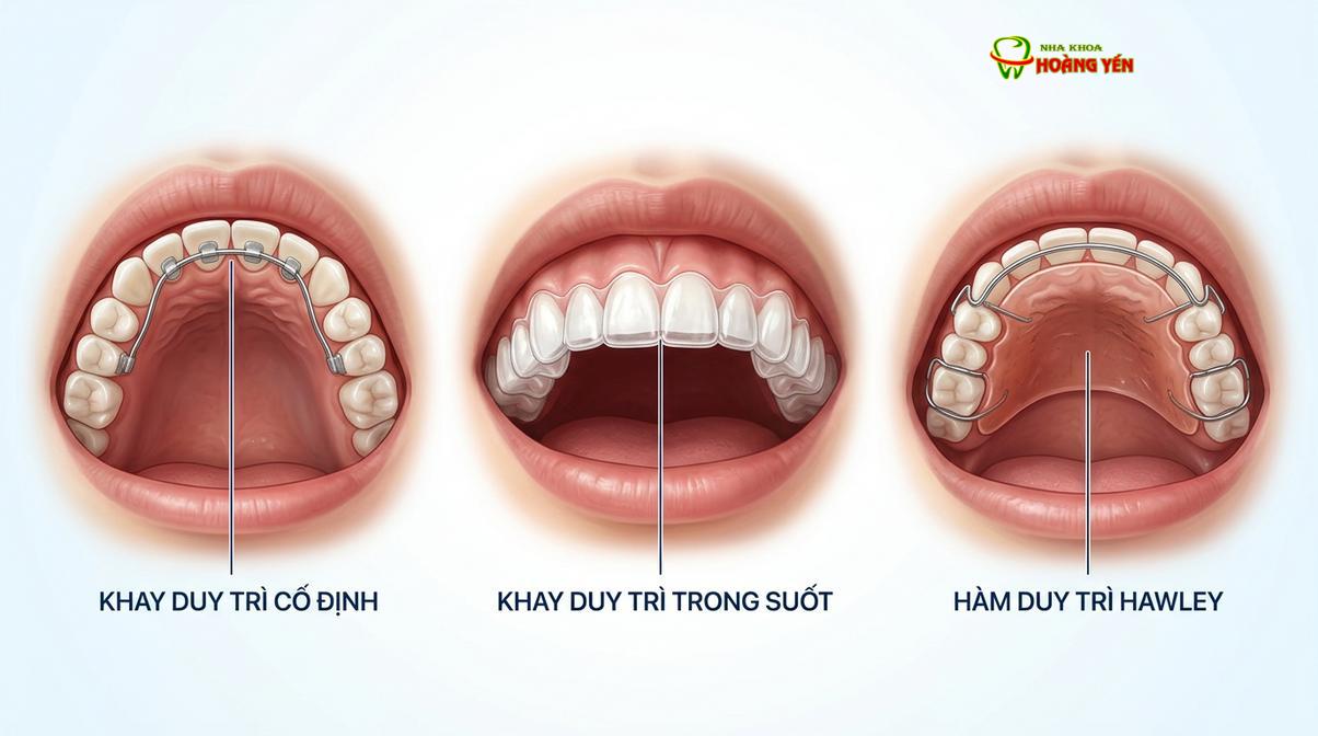 Các loại hàm duy trì phổ biến hiện nay bao gồm hàm cố định, khay trong suốt và hàm Hawley.
