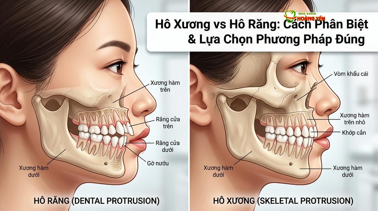 Minh họa sự khác biệt về cấu trúc giải phẫu giữa hô do răng và hô do xương hàm.