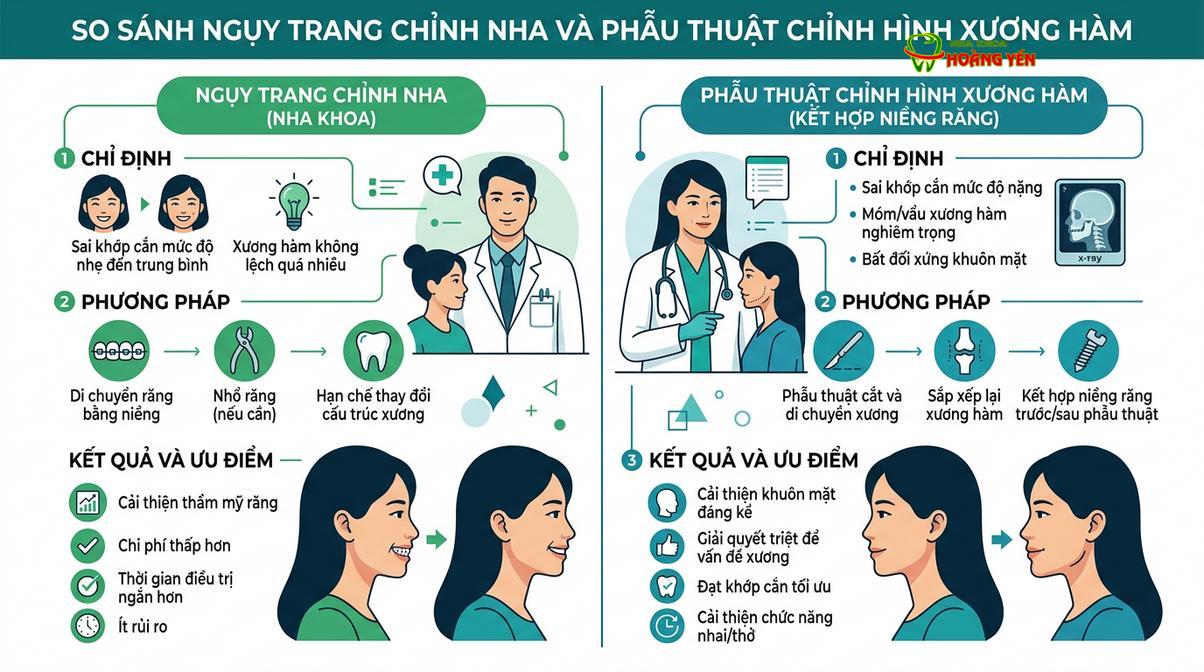 Lựa chọn giữa niềng răng ngụy trang và phẫu thuật hàm phụ thuộc vào mức độ sai lệch xương.