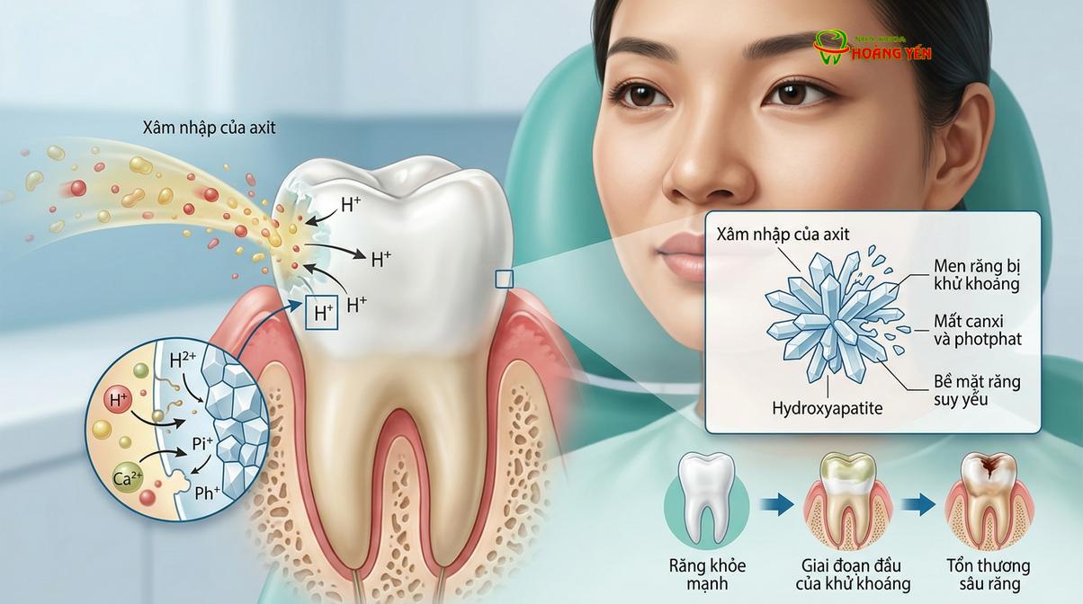 Cơ chế vi khuẩn chuyển hóa đường thành axit gây phá hủy cấu trúc khoáng của men răng.