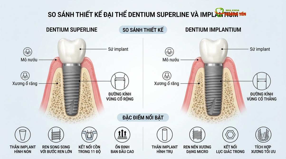 Sự khác biệt về thiết kế ren xoắn và hình dáng giữa Dentium SuperLine và Implantium.