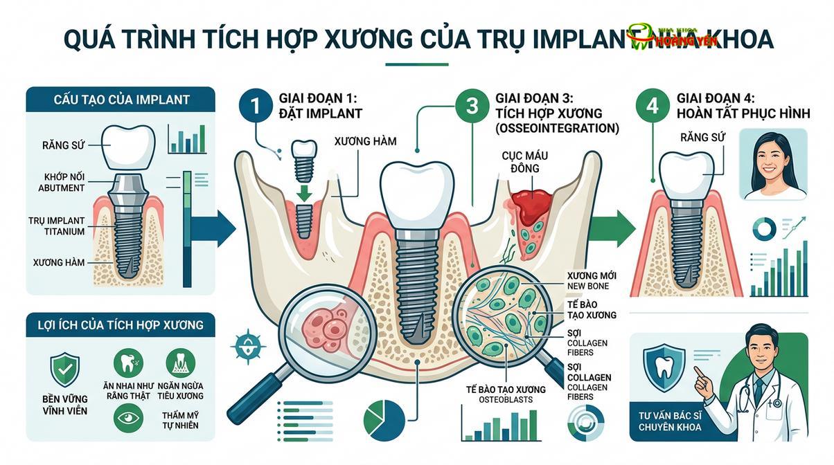 Quá trình tích hợp xương (osseointegration) diễn ra xung quanh bề mặt trụ implant.
