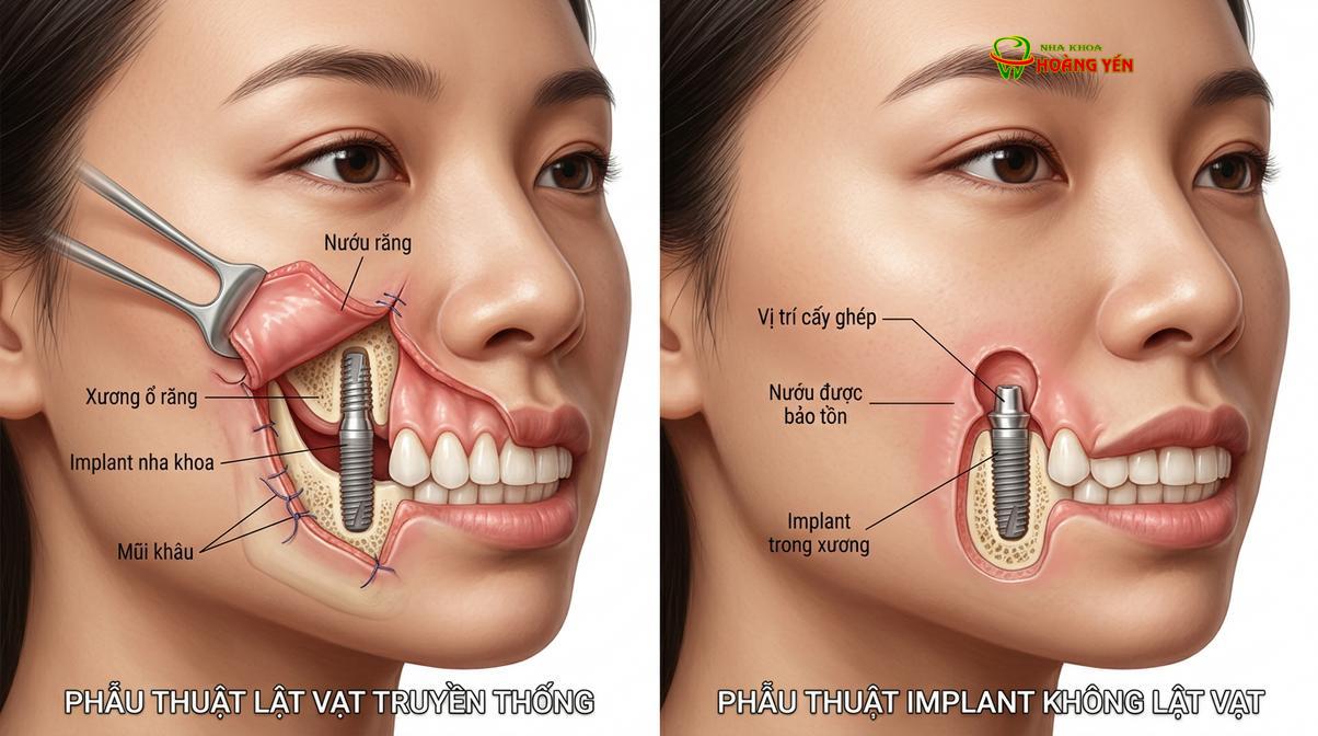 Mô phỏng sự khác biệt giữa phương pháp rạch vạt truyền thống và kỹ thuật flapless.