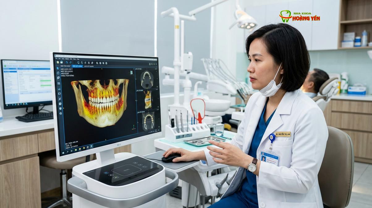 Bác sĩ đánh giá mật độ xương hàm qua phim CT Cone Beam 3D trước khi quyết định chọn dòng trụ implant.