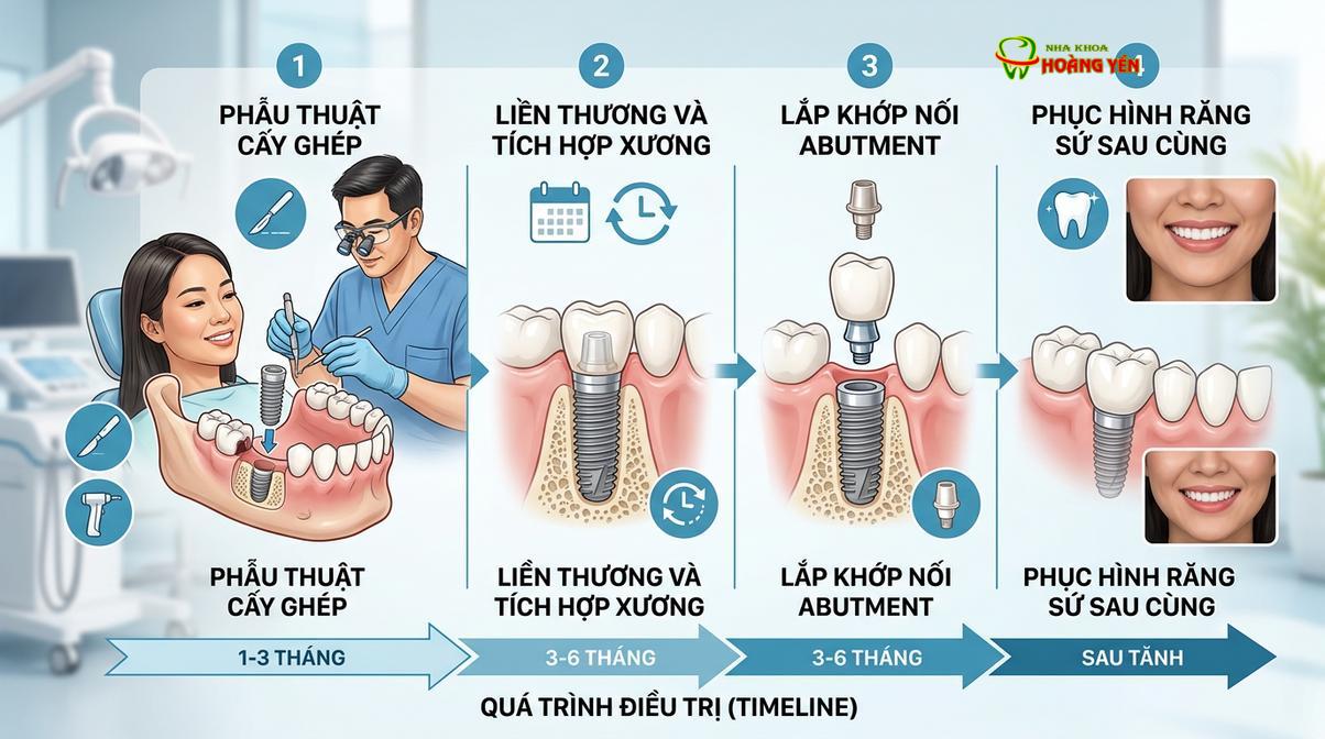Sơ đồ tóm tắt các giai đoạn và thời gian phục hình răng implant chuẩn y khoa.