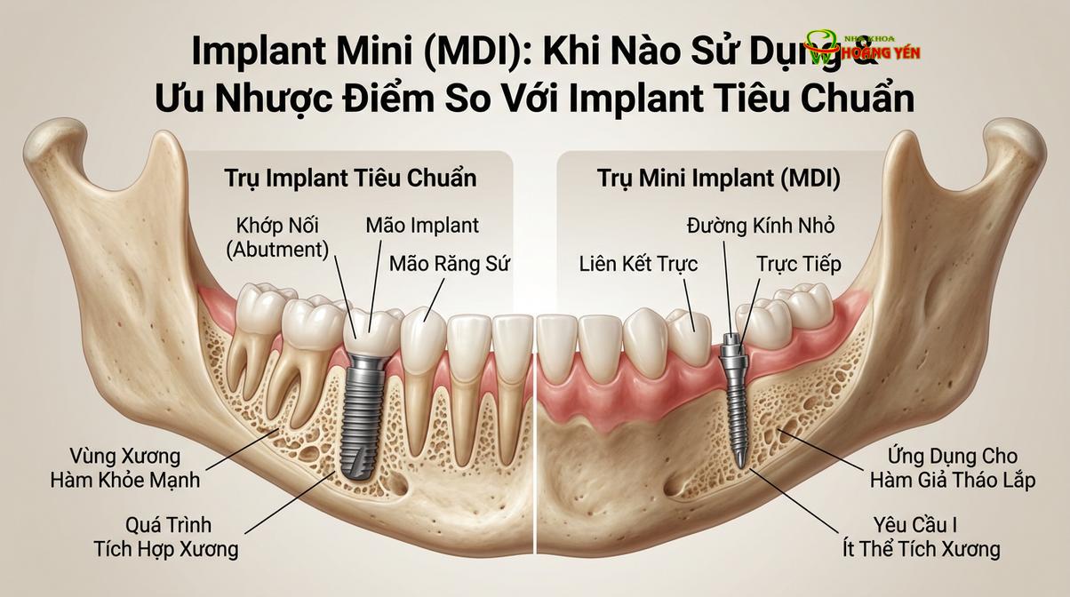 So sánh cấu trúc và kích thước giữa implant tiêu chuẩn và implant mini