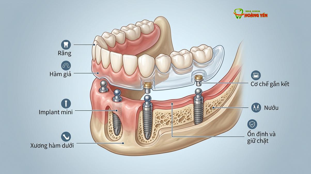 Cơ chế hoạt động của trụ nhỏ trong việc neo giữ hàm giả