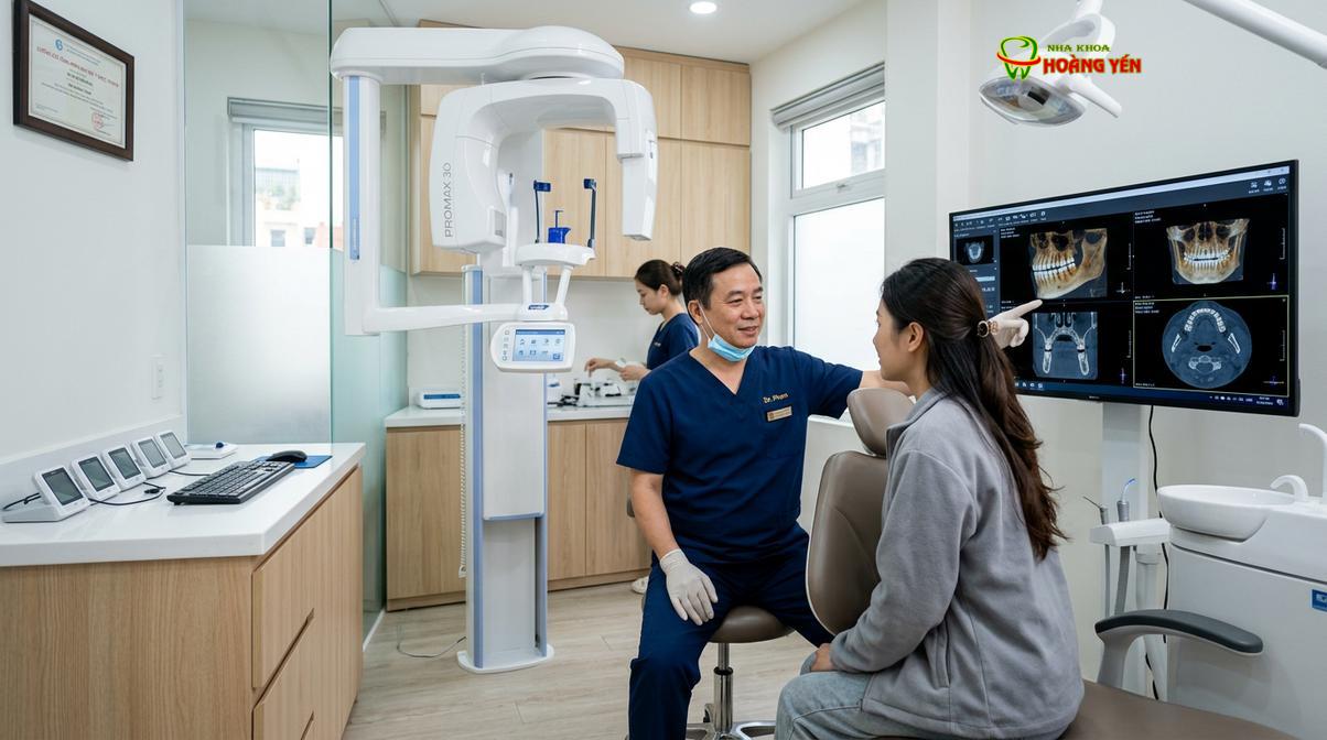 Bác sĩ đánh giá mật độ xương hàm qua phim CT Cone Beam 3D trước khi lên phác đồ cấy ghép.