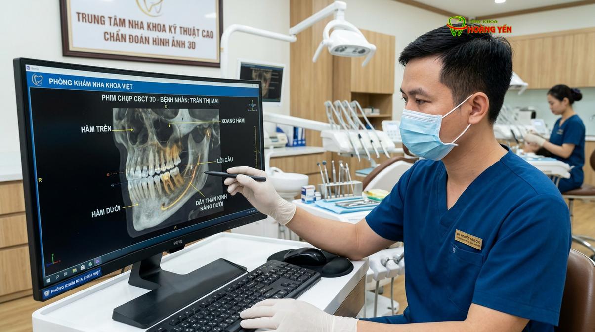 Bác sĩ đánh giá mật độ xương hàm qua phim CT Cone Beam 3D trước khi cấy ghép