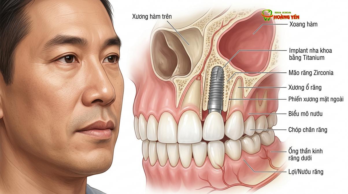 Mô phỏng cấu trúc giải phẫu vùng răng cửa hàm trên với bản xương mặt ngoài rất mỏng, đòi hỏi kỹ thuật đặt trụ chính xác.