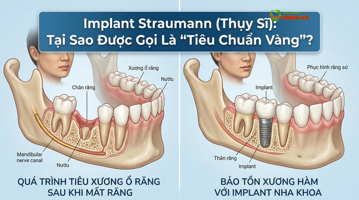 Mô phỏng cơ chế bảo tồn xương hàm của trụ implant so với tình trạng tiêu xương khi mất răng.