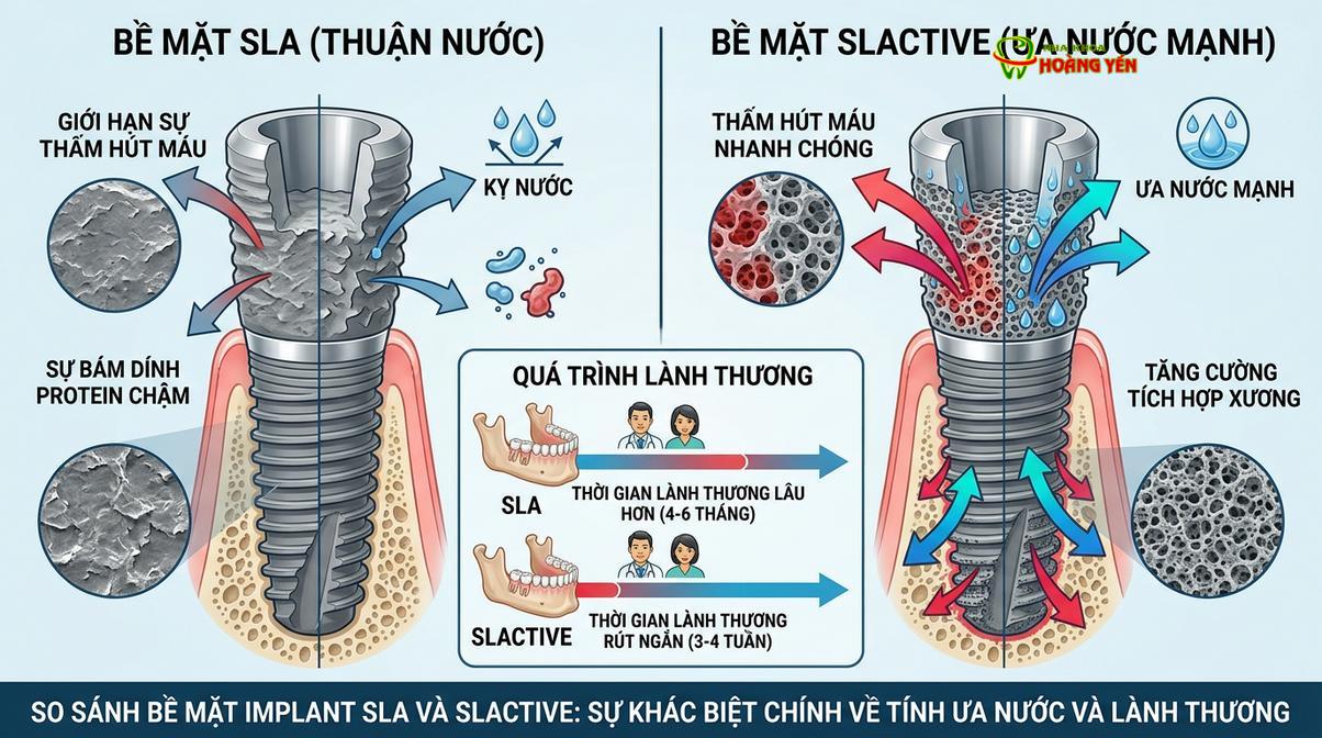 Sự khác biệt về đặc tính ưa nước giữa bề mặt SLA truyền thống và SLActive tiên tiến.