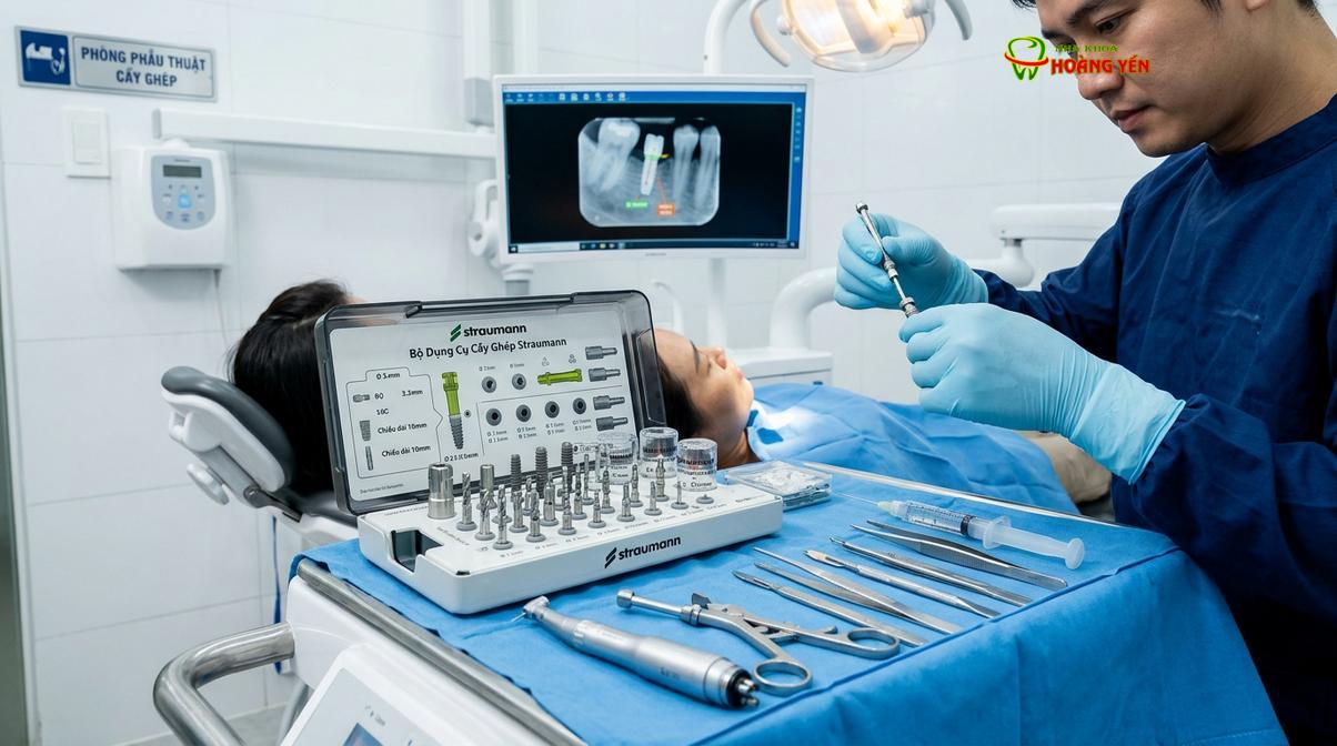 Hệ thống khí cụ và trụ implant Straumann chính hãng được chuẩn bị vô trùng trước phẫu thuật.