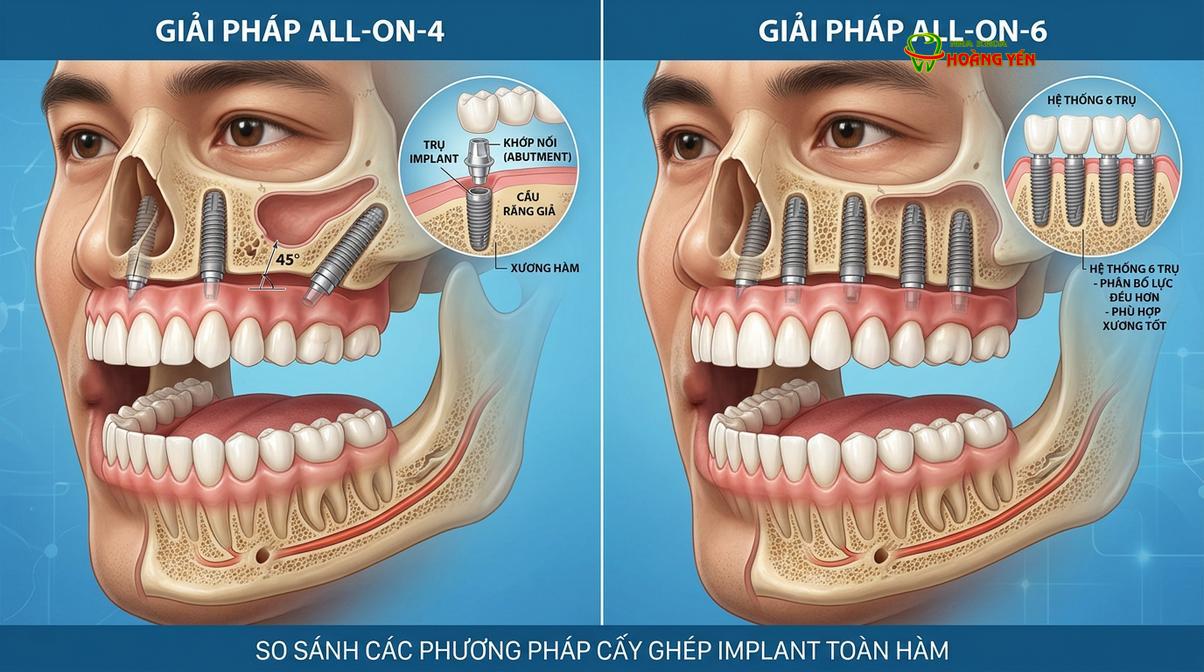 Mô phỏng kỹ thuật cấy ghép All-on-4 và All-on-6 trong phục hình toàn hàm.