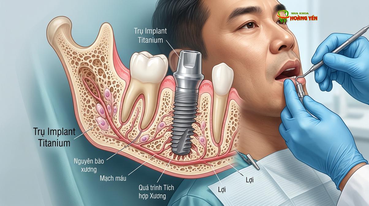 Quá trình tích hợp xương (Osseointegration) là chìa khóa quyết định sự bền vững của implant.