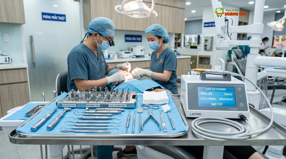 Hệ thống dụng cụ vô trùng và máy phẫu thuật siêu âm hỗ trợ nhổ răng không sang chấn.